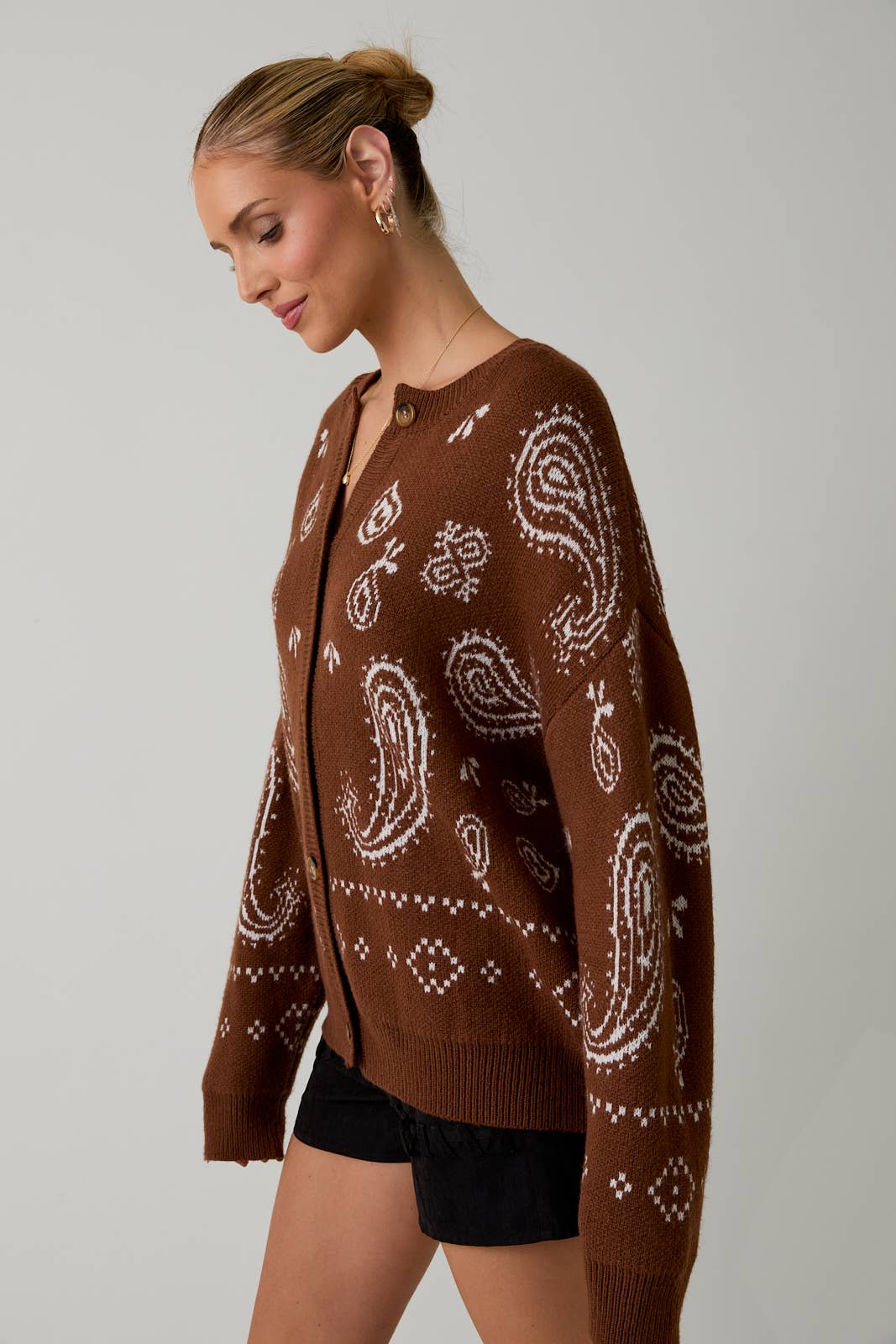 Amber Ling Sleeve Paisley Cardigan: Brown