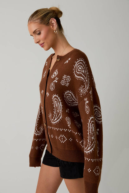 Amber Ling Sleeve Paisley Cardigan: Brown