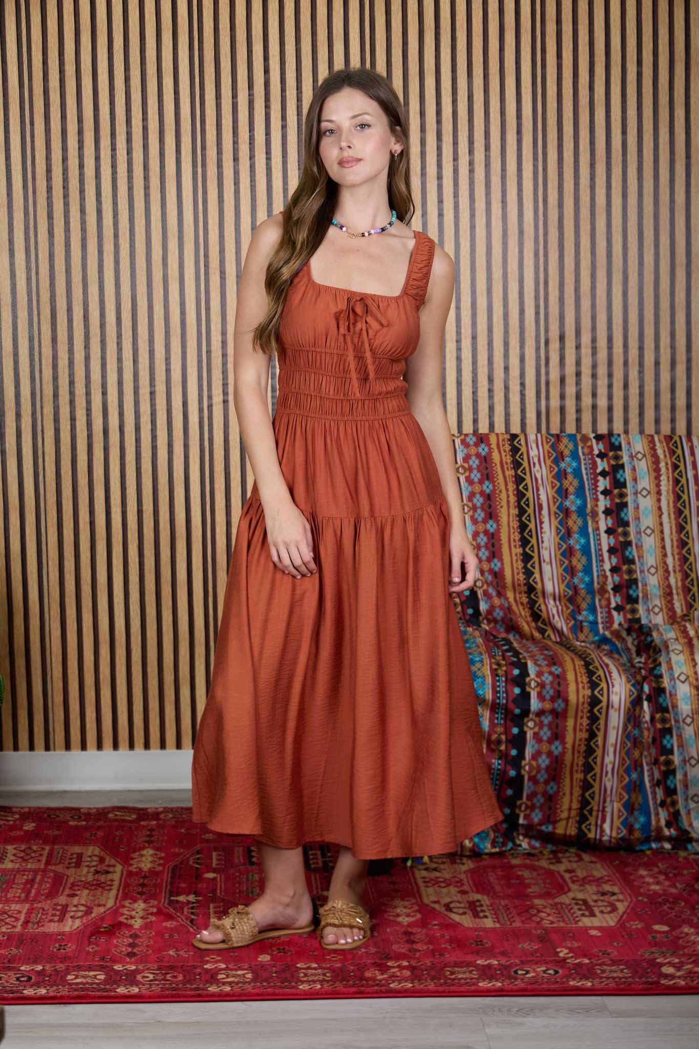 Lenora Satin Front Tie Shirred Waist Midi Dress: Rust