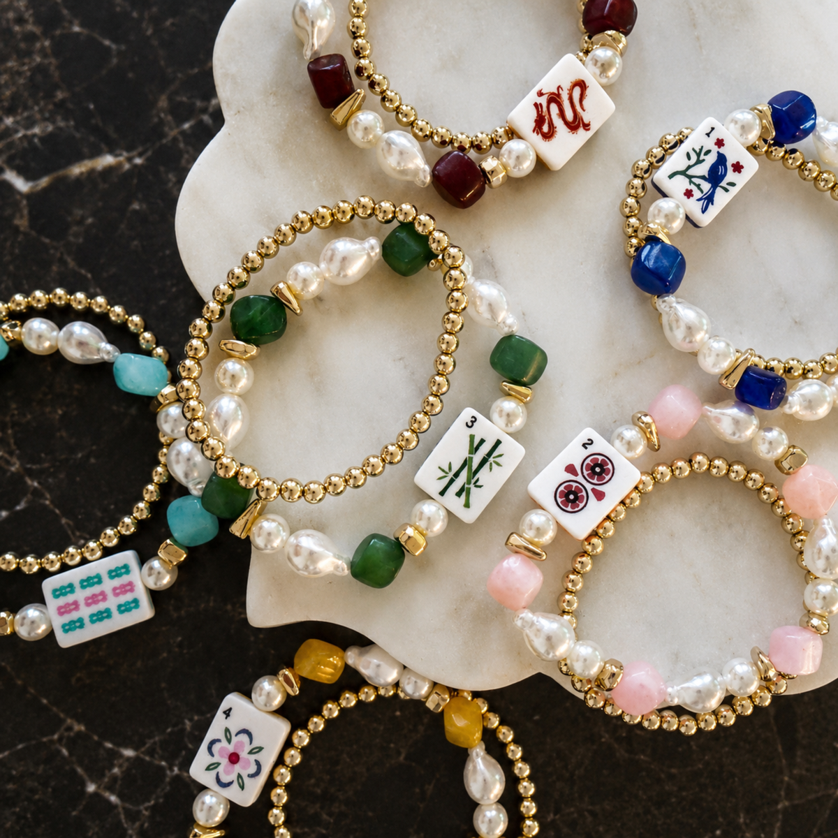 Mahjong Tile Beaded Bracelet, 2-Piece Set: Sunset Dragon