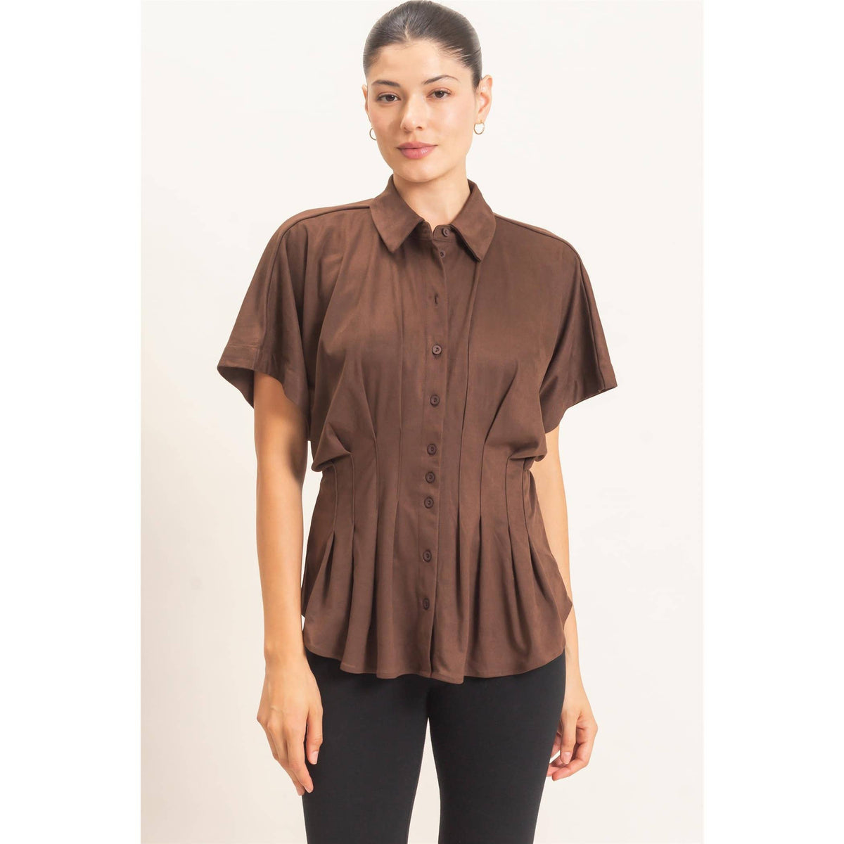 Suede Button-Down Blouse: CAMEL / S-M-L(2-2-2)