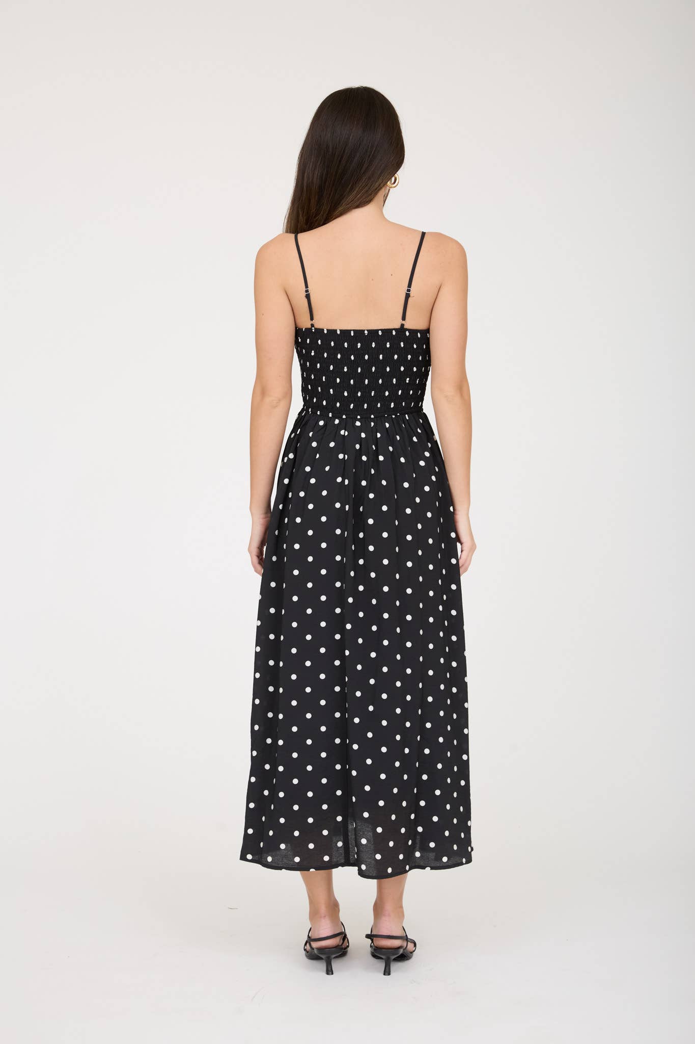 Ethel Polka Dot Smocked Basque Waist Midi Dress: Black