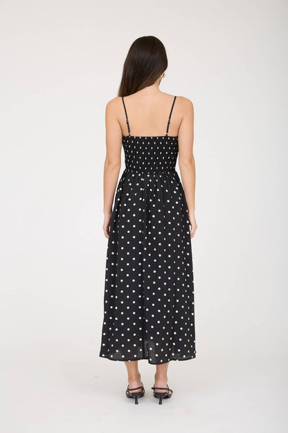 Ethel Polka Dot Smocked Basque Waist Midi Dress: Black