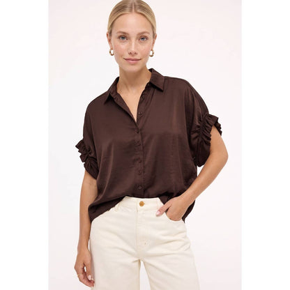 Sloane Ruffle-Sleeve Satin Button-Up Blouse: Chocolate