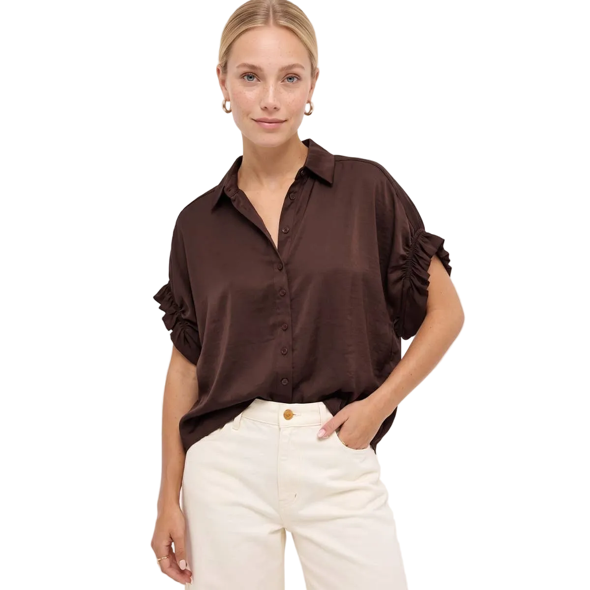 Sloane Ruffle-Sleeve Satin Button-Up Blouse: Chocolate