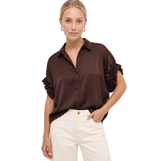 Sloane Ruffle-Sleeve Satin Button-Up Blouse: Chocolate