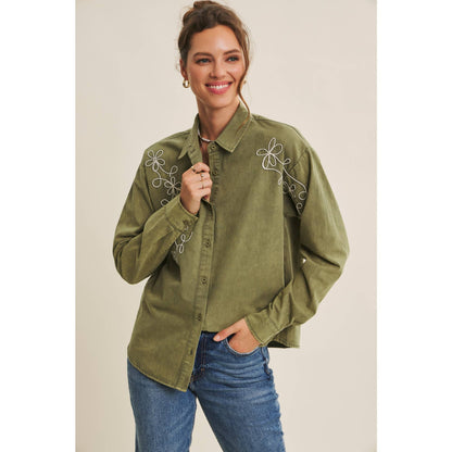Rusting Elegance Mineral-Washed Embroidered Cotton Top: Olive