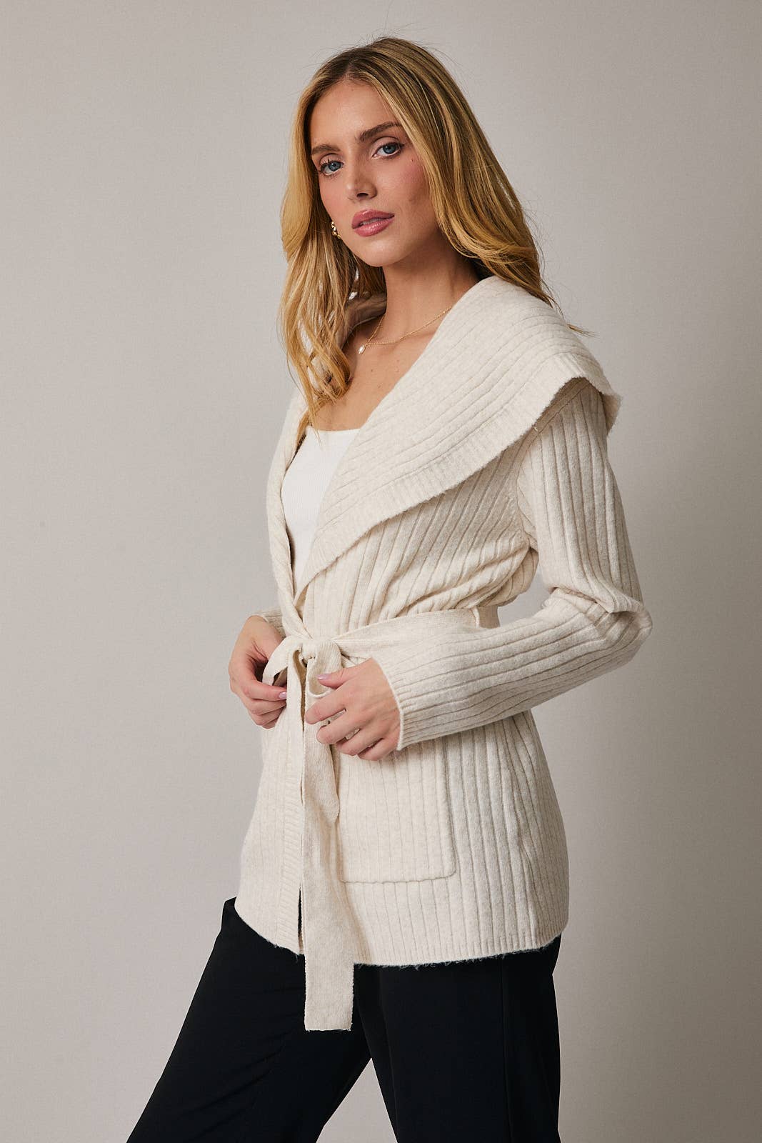 Nora Long Sleeve Wrap Sweater Cardigan: Cream