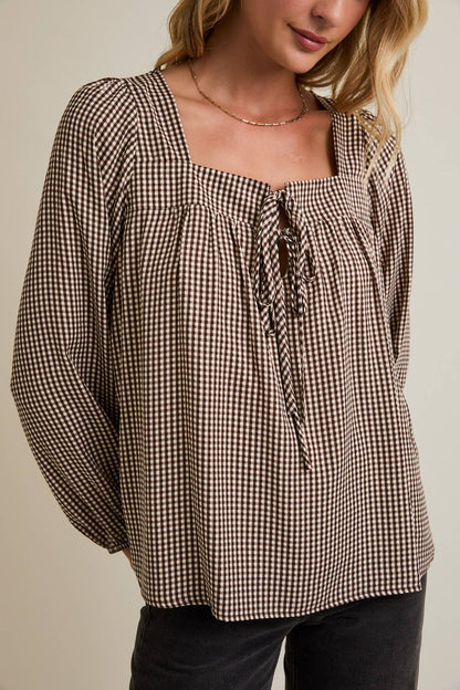 Maggie Square Neck Front Tie Long Sleeve Check Top: Brown Cream