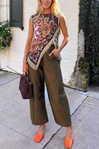 Cora Asymmetrical Fringe Cross Top: Wine