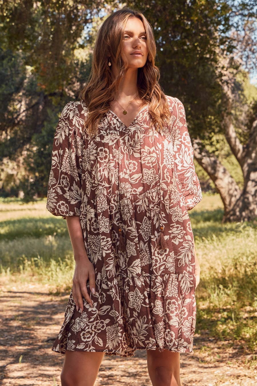 Noa Boho Printed Baby Doll Mini Dress: Mocha Wave