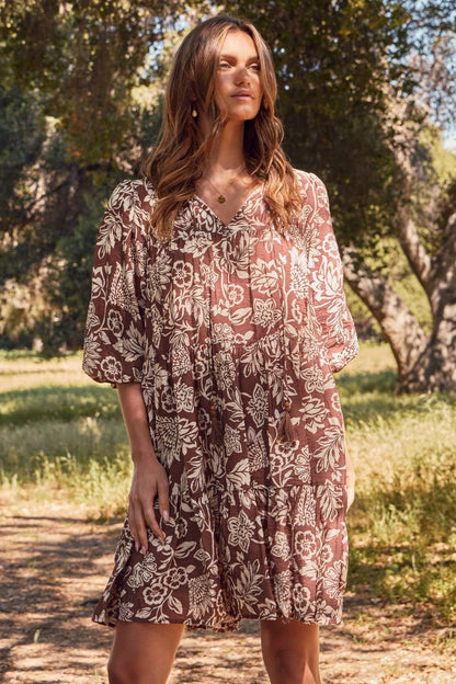 Noa Boho Printed Baby Doll Mini Dress: Mocha Wave