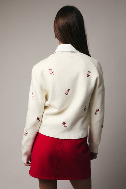 Embroidered Candy Cane Button Up Sweater Cardigan: CREAM