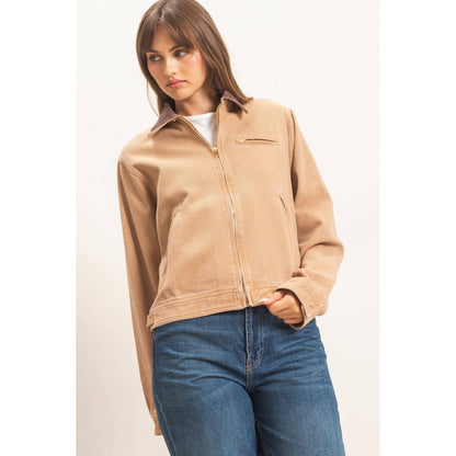 Twill Jacket With Corduroy Collar: DARK TAUPE