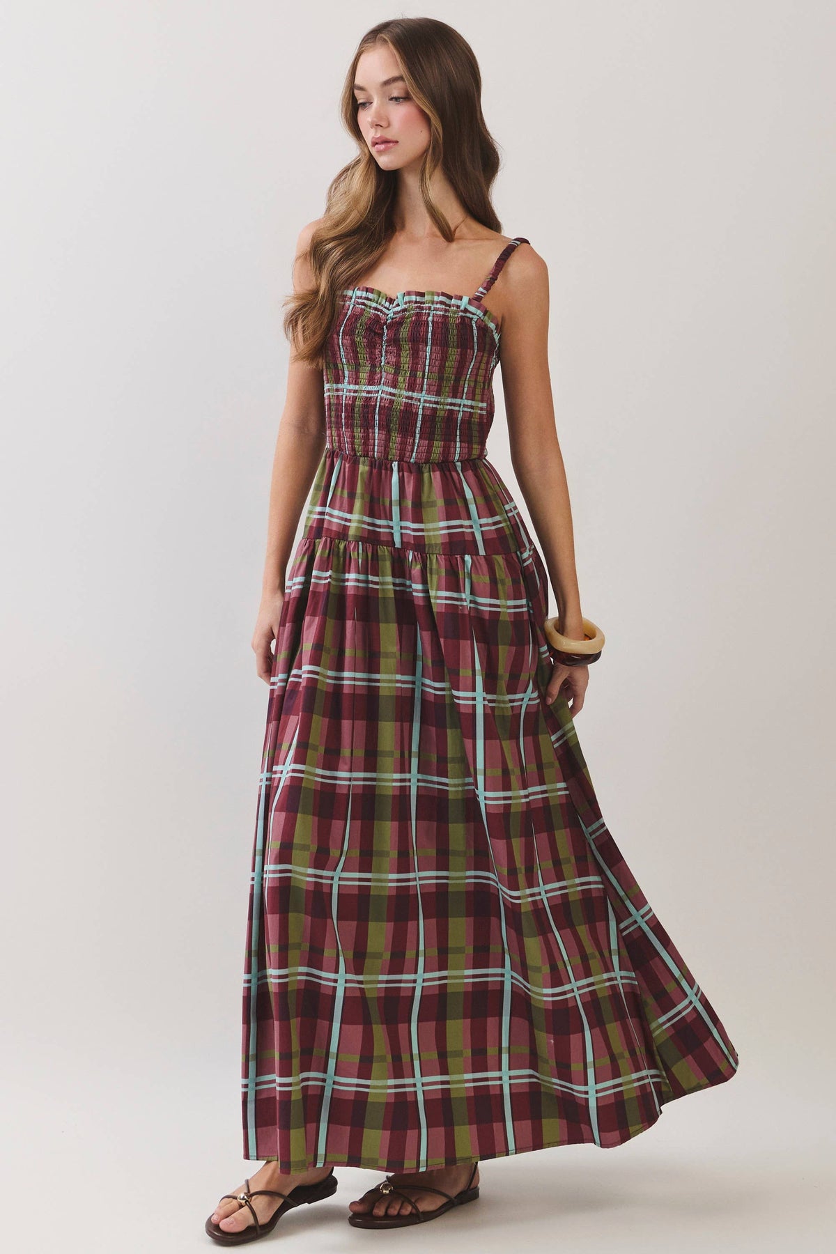 Adelia Plaid Smocked Tiered Maxi Dress: Burgundy