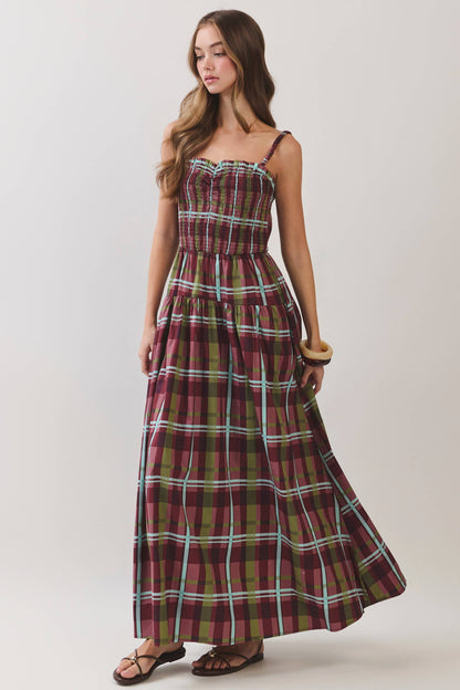 Adelia Plaid Smocked Tiered Maxi Dress: Burgundy