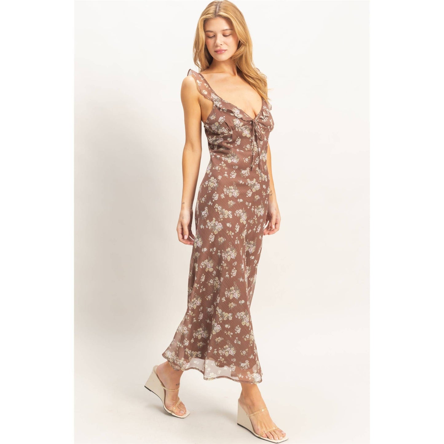 Sadie Floral Ruffle Strap Midi Dress: BROWN