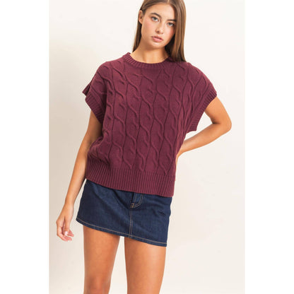 Sylvia Cable Knit Crew Neck Cap Sleeve Sweater: Dark Cherry