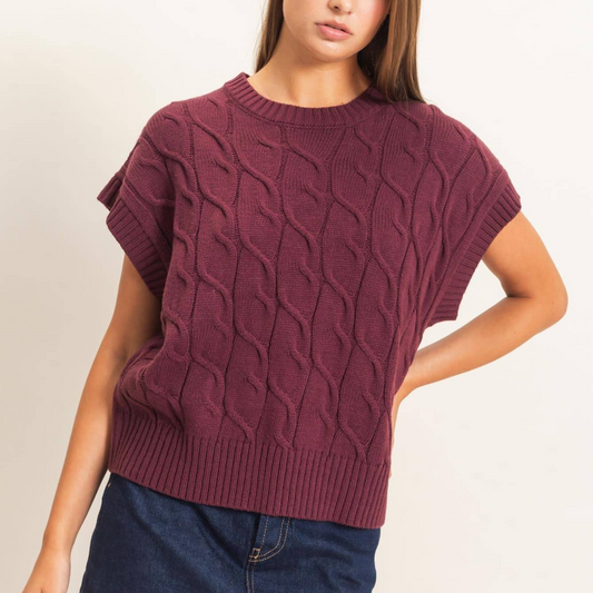 Sylvia Cable Knit Crew Neck Cap Sleeve Sweater: Dark Cherry