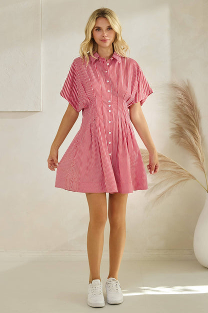 Harlow Button Down Pleated Shirt Stripe Dress: Red Stripe