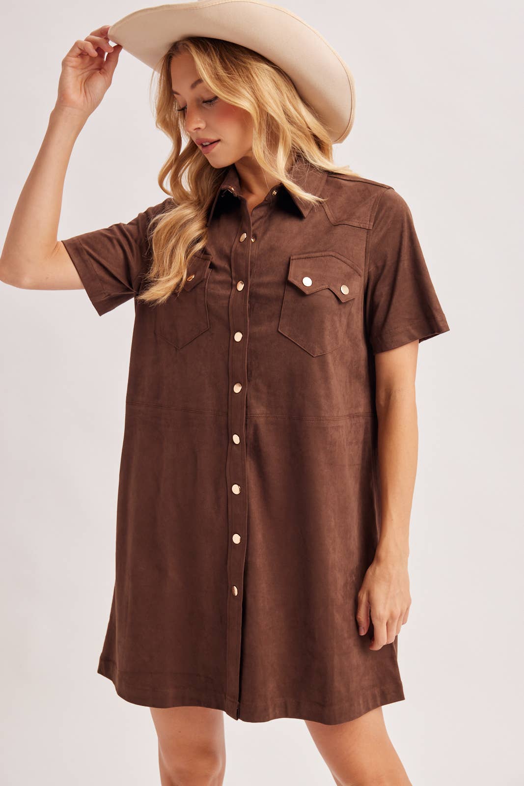 Cheyenne Collared Short Sleeve Faux Suede Mini Shirt Dress: Chocolate