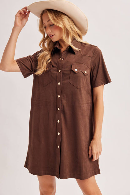 Cheyenne Collared Short Sleeve Faux Suede Mini Shirt Dress: Chocolate