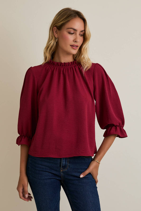Merlot Ruffle Mick Neck 3/4 Sleeve Top: Red