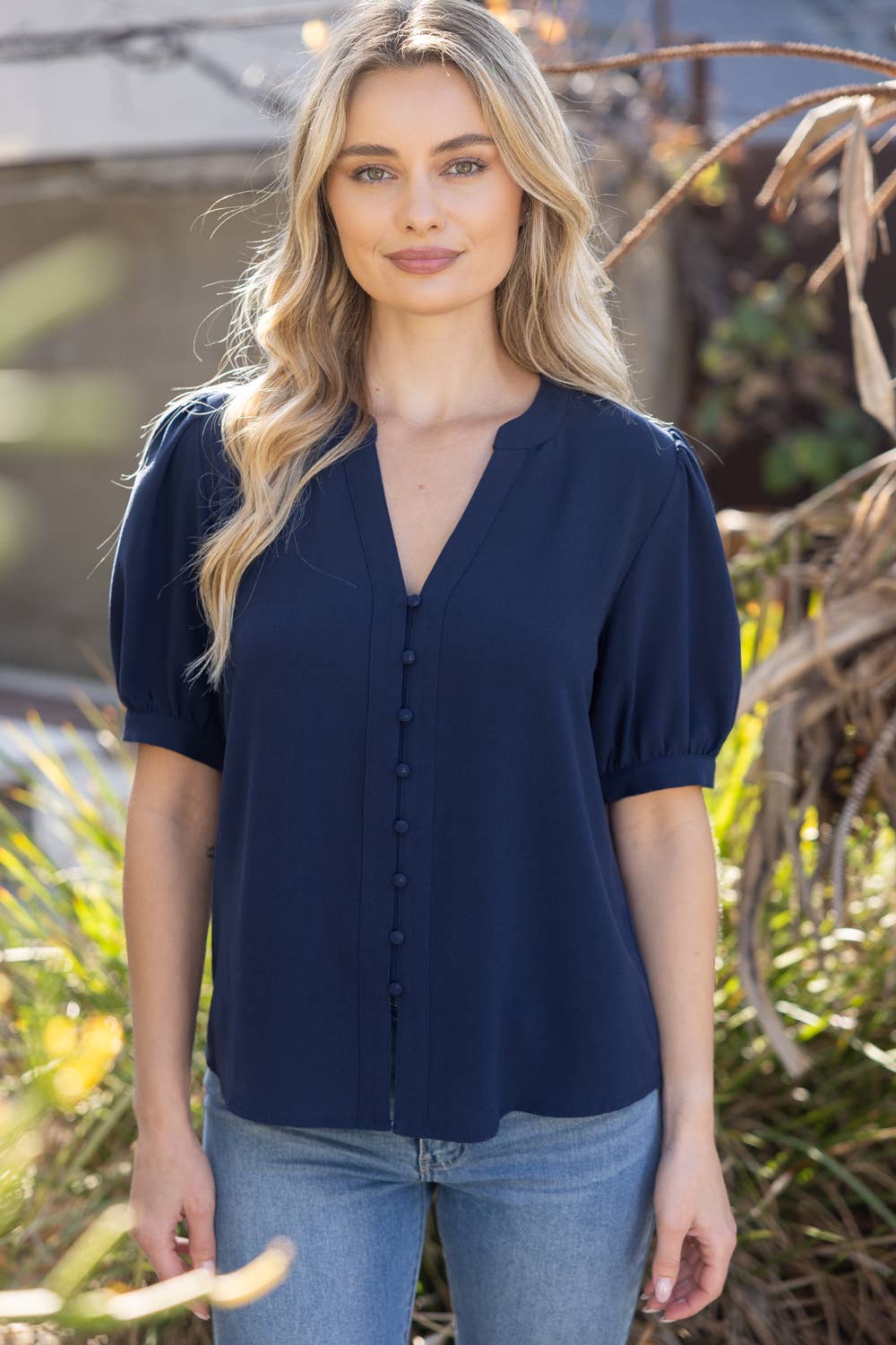 Prescott Button Down Solid Puff Sleeve Top: Navy