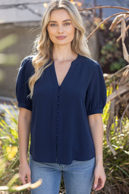 Prescott Button Down Solid Puff Sleeve Top: Navy