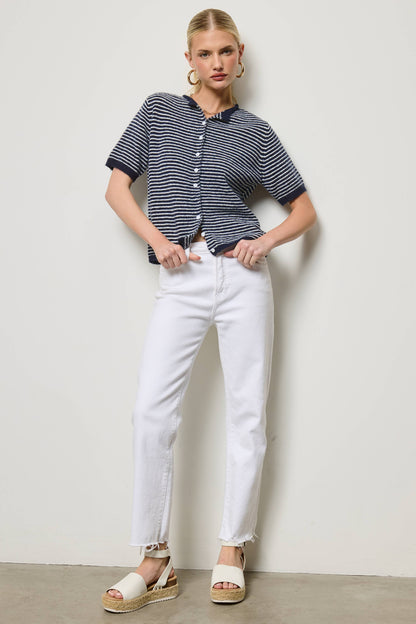 Mae Striped Short Sleeve Button Cardigan: Navy