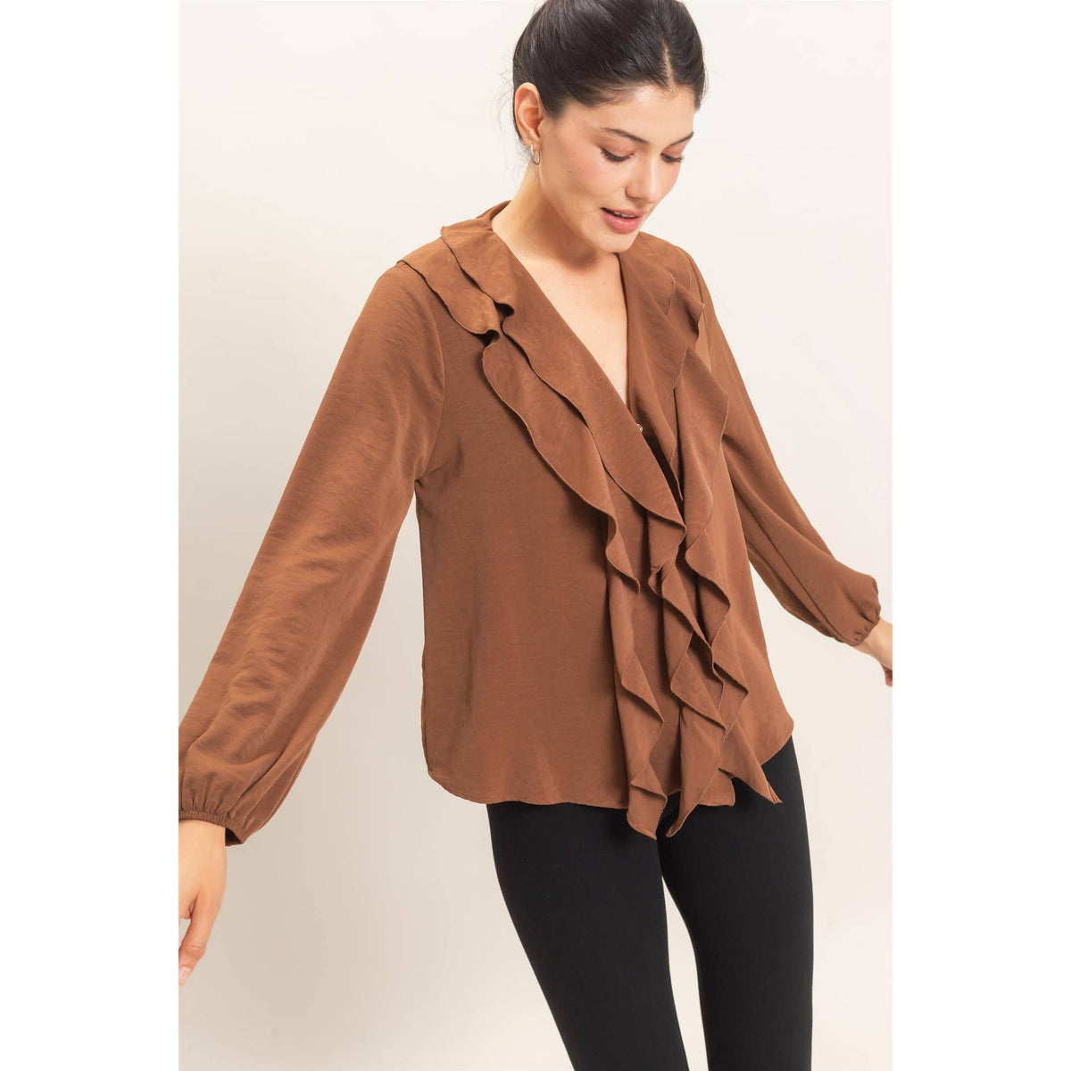 Ruffled V-Neck Button-Up Blouse: TEAL / S-M-L(2-2-2)