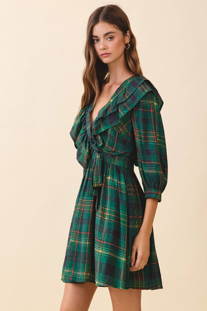 Tartan Plaid Deep V Neck Ruffle Trim Detail Wrap Dress: Green