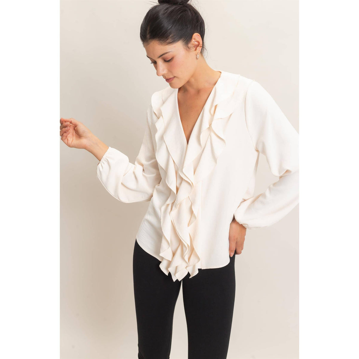 Ruffled V-Neck Button-Up Blouse: TEAL / S-M-L(2-2-2)