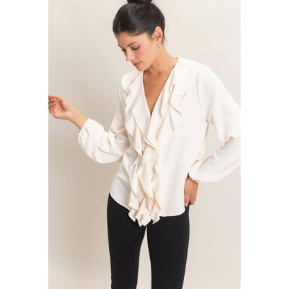 Ruffled V-Neck Button-Up Blouse: TEAL / S-M-L(2-2-2)