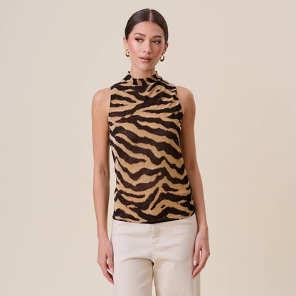Zadie Sleeveless Mock Neck Zebra Print Top: Taupe & Black
