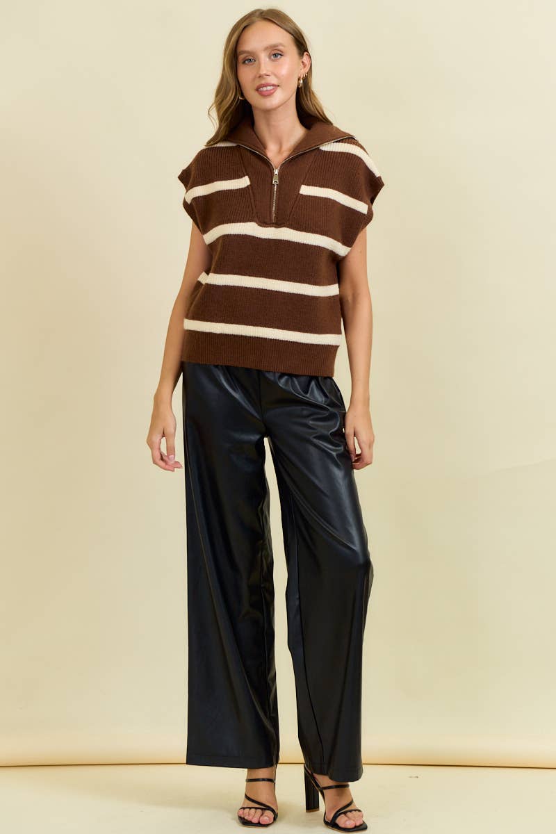 Lyric Striped Funnel Half Zip Sweater Vest: Chocolate