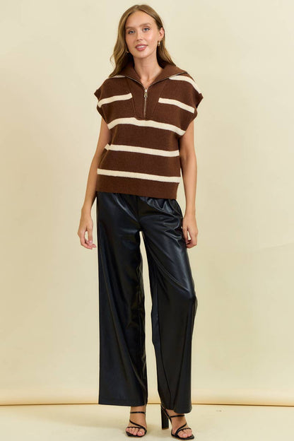 Lyric Striped Funnel Half Zip Sweater Vest: Chocolate