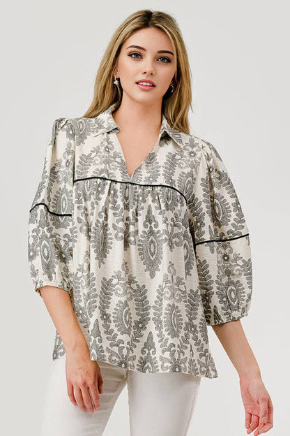 Mellie Toile Print Contrast Seam Black Top Blouse