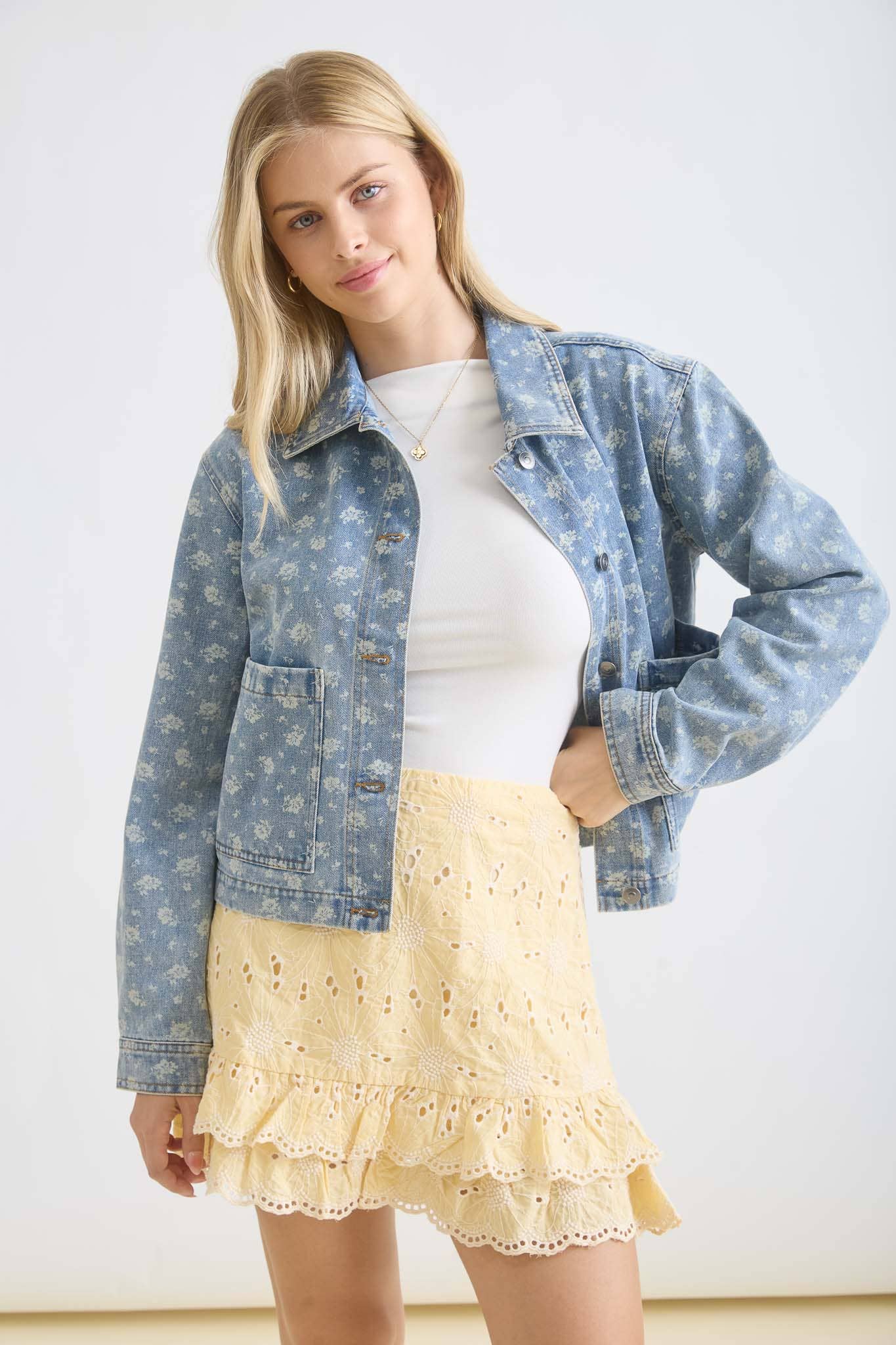 Sweetwater Floral Washed Denim Collared Button Down Jacket: Denim