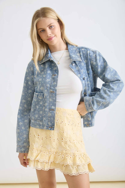 Sweetwater Floral Washed Denim Collared Button Down Jacket: Denim