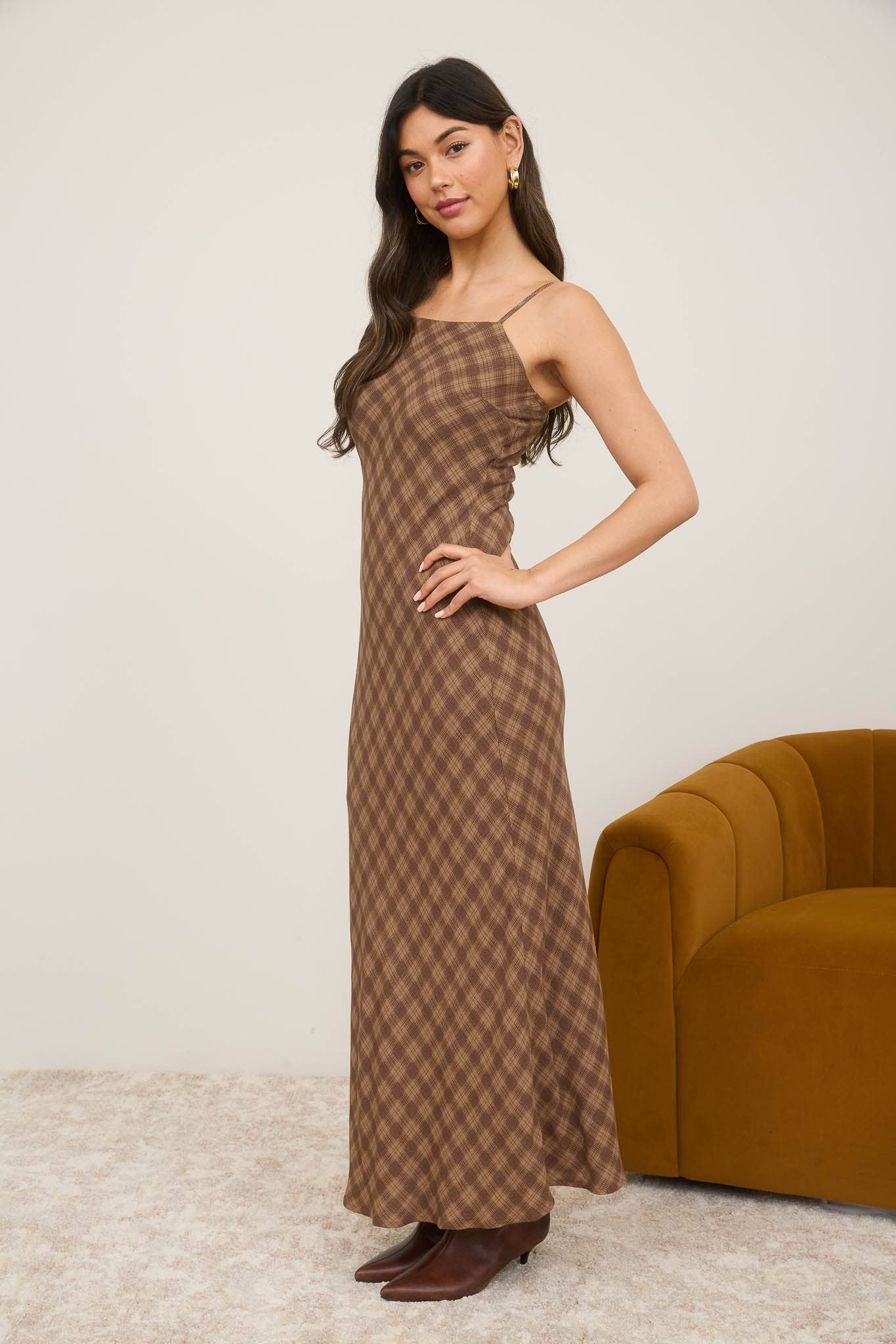 Lauren Plaid Spaghetti Strap Midi Dress: Brown