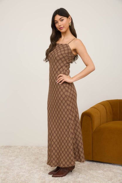 Lauren Plaid Spaghetti Strap Midi Dress: Brown