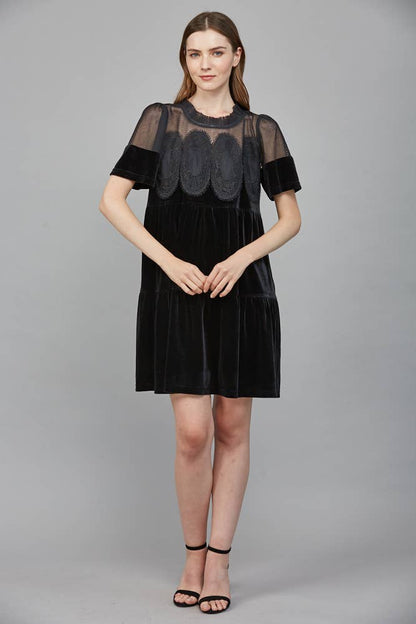 Solstice Contrast Sheer Mesh with Lace Detail Velvet: Black