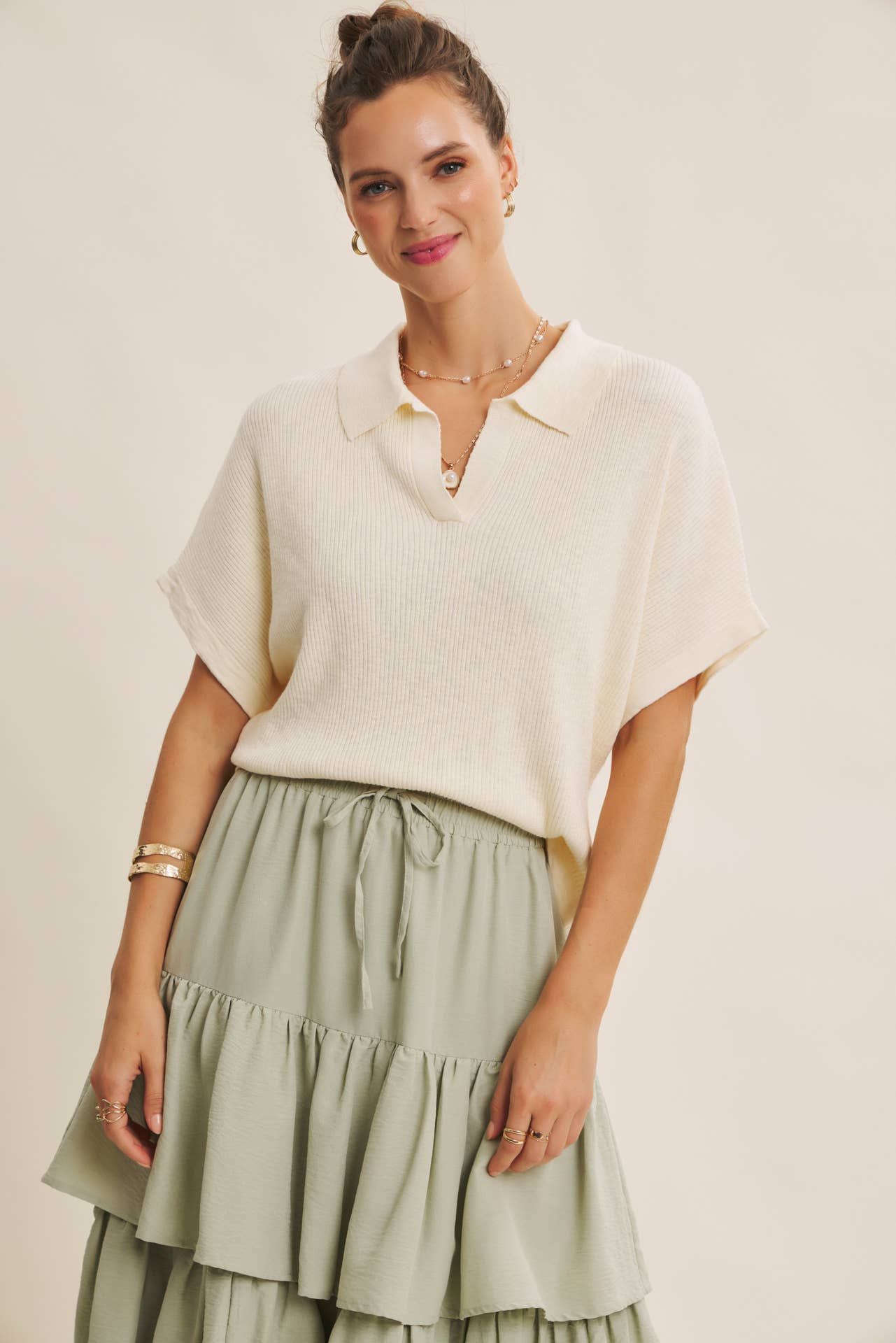 Beaumont Effortless Rib Knit Top: Cream