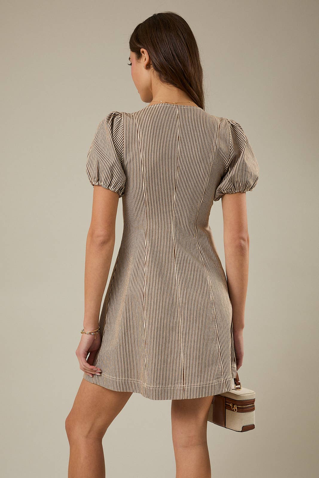 Perrie Puff Sleeve Zip Front Striped Mini Dress: Brown White