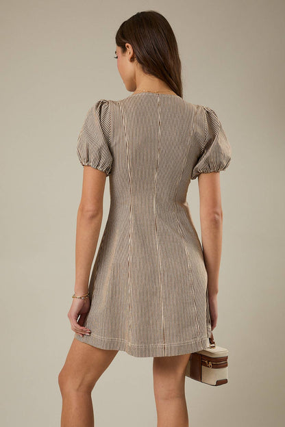 Perrie Puff Sleeve Zip Front Striped Mini Dress: Brown White