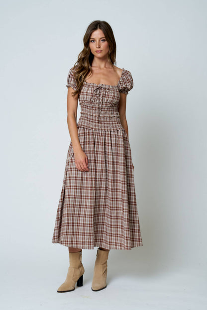 Maisie Plaid Puff Sleeve Smocked Waist A-Line Midi Dress: Khaki