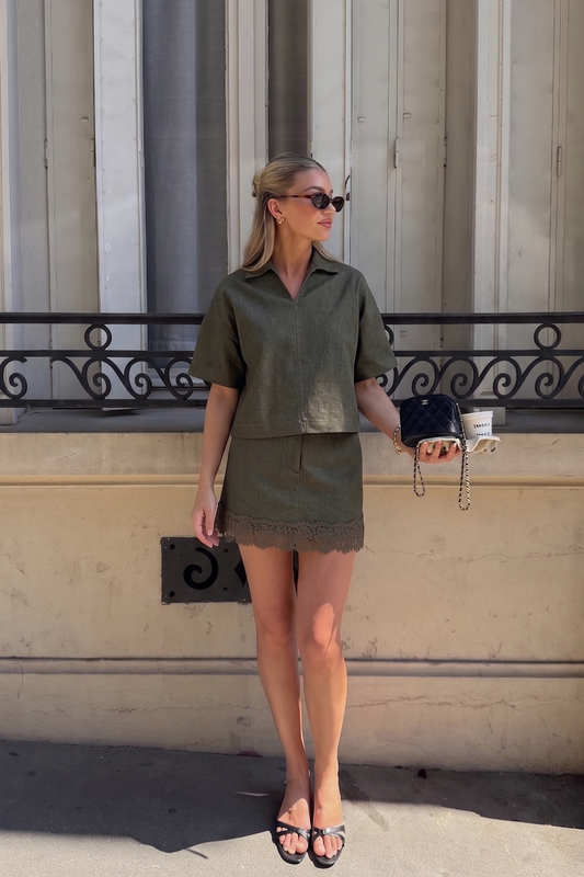 Delia Lace Denim Top: Olive