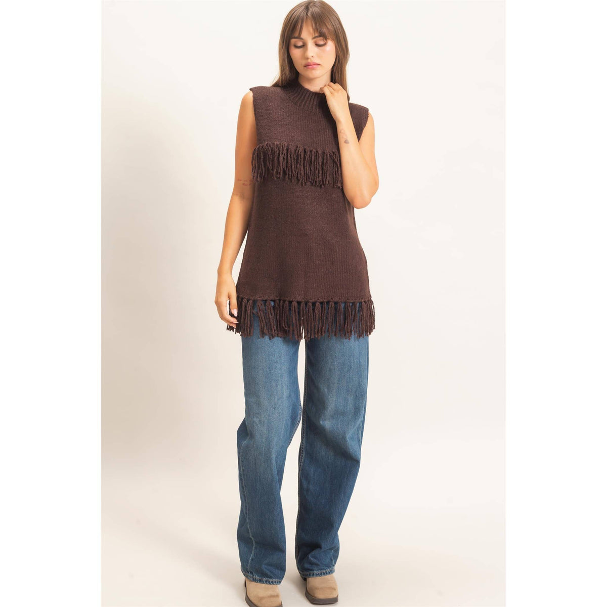 Fringe Turtleneck Sweater Vest: BROWN / S-M-L(2-2-2)