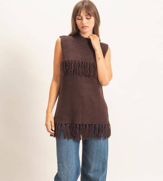 Josey Fringe Turtleneck Longline Knit Vest: Brown